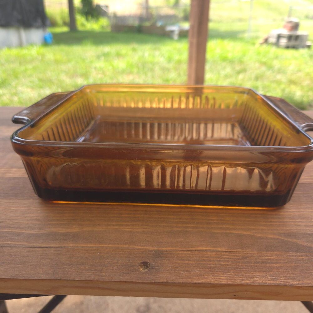 Vintage Fire King Anchor Hocking Amber Ribbed 8" Square Glass Baking Dish